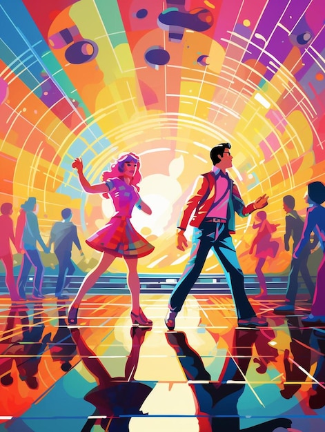 una pintura de una pareja bailando en una habitación colorida.