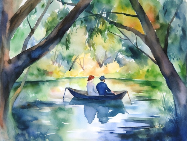 Una pintura de una pareja en un barco