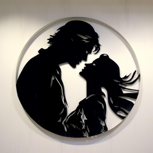 una pintura de una pareja besándose debajo de un círculo blanco.