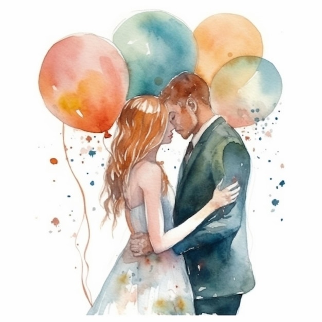 Una pintura de una pareja besándose con globos en el fondo ai generativo