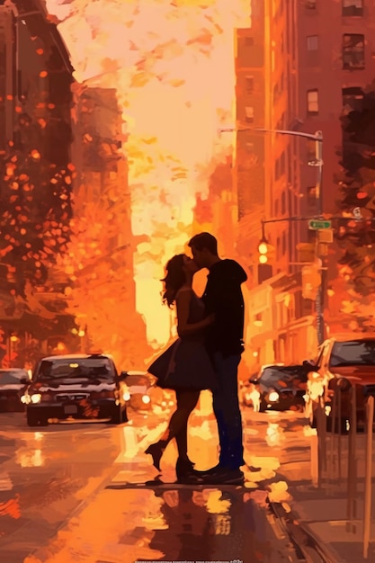 Una pintura de una pareja besándose bajo la lluvia.