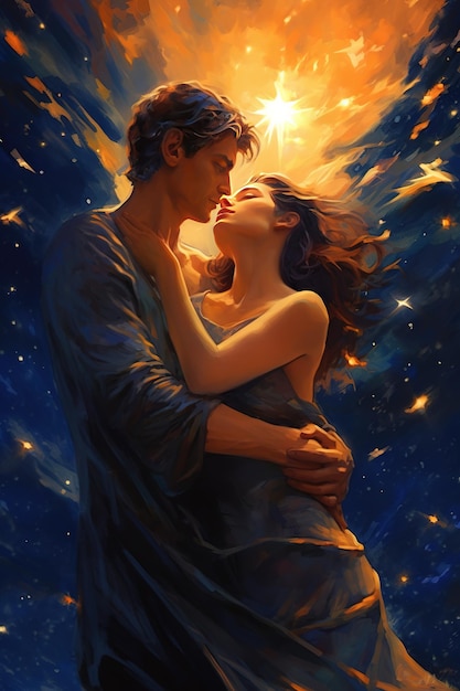 Una pintura de una pareja besándose con el sol brillando sobre ellos.