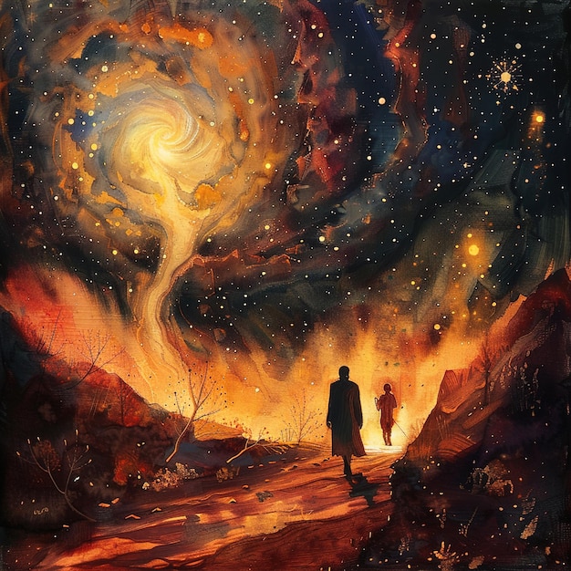 una pintura de una pareja caminando en un desierto con un hombre y una mujer sosteniendo una bolsa de estrellas