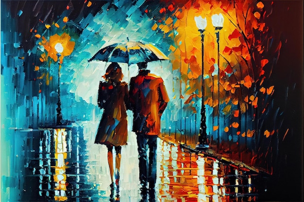 Una pintura de una pareja caminando bajo la lluvia con un paraguas.