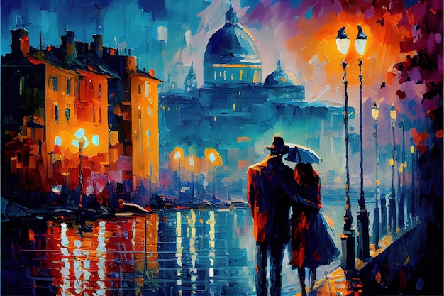 Una pintura de una pareja caminando bajo la lluvia