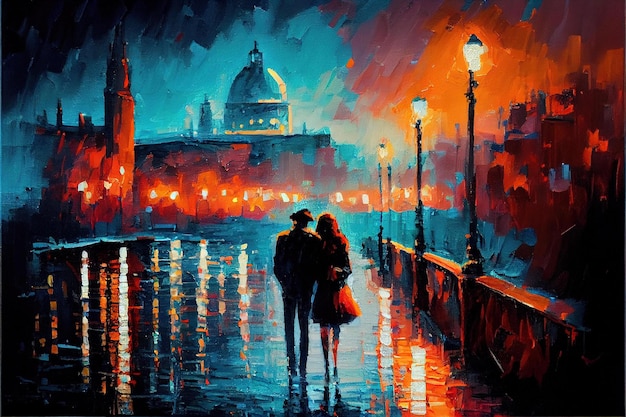 Una pintura de una pareja caminando bajo la lluvia