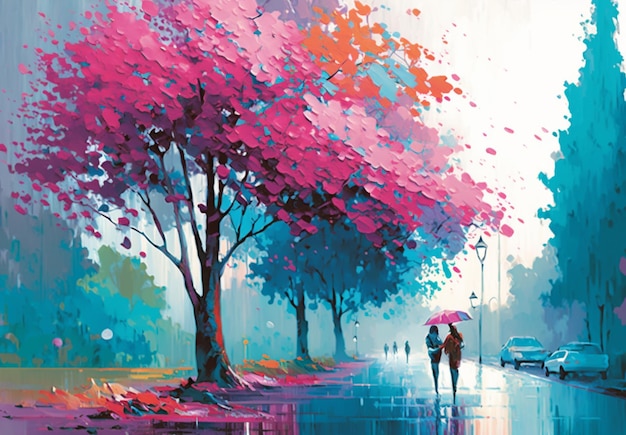 Una pintura de una pareja caminando bajo la lluvia.