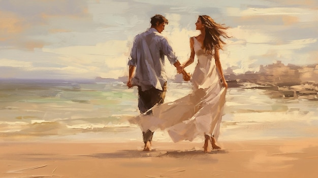 Una pintura de una pareja caminando por la playa