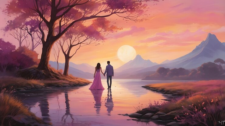 una pintura de una pareja caminando en la puesta de sol ilustración de una pareja romántica
