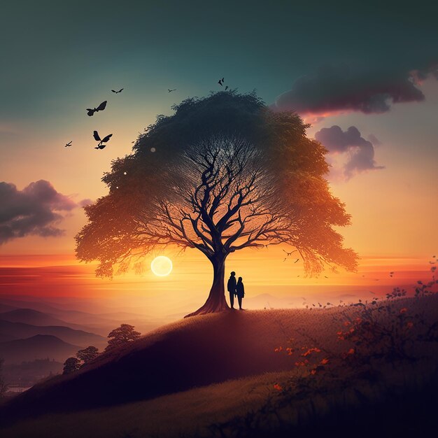 Una pintura de una pareja debajo de un árbol con la puesta de sol detrás de ellos.