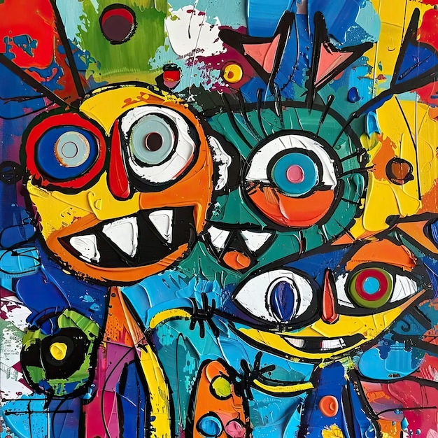 Una pintura de una pareja de gatos sobre un fondo azul