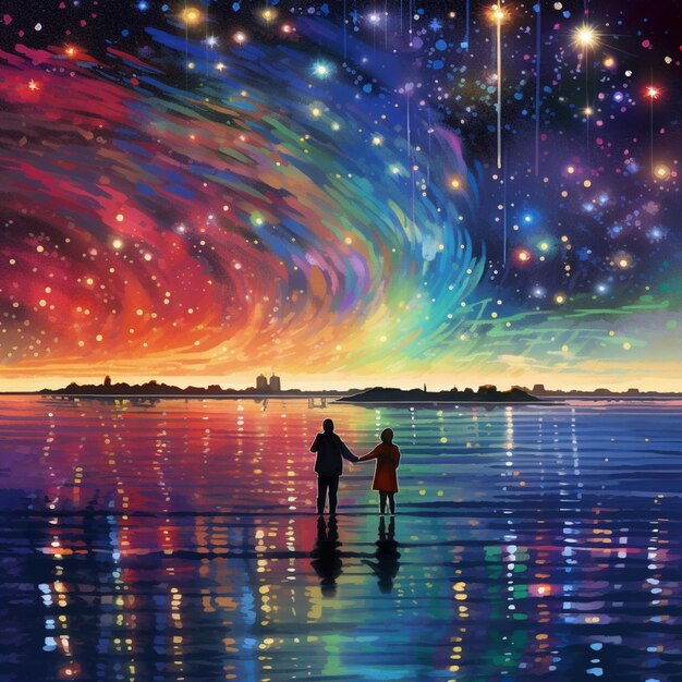Foto pintura de una pareja de manos mirando un cielo colorido generativo ai