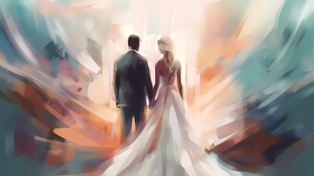 Una pintura de una pareja mirando una ceremonia de boda.