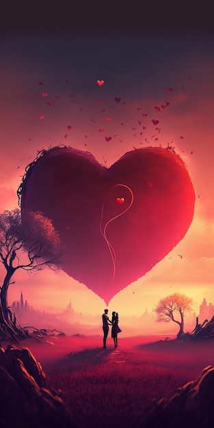 Pintura de una pareja de pie frente a un árbol en forma de corazón ai generativo