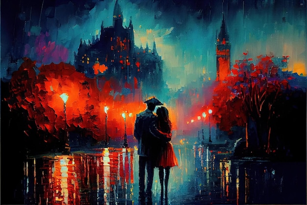 Una pintura de una pareja de pie bajo la lluvia