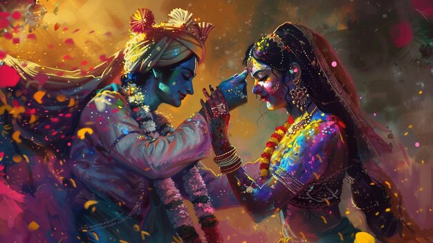 Foto una pintura de una pareja en ropa tradicional