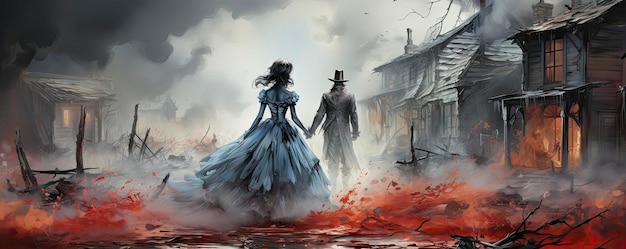 una pintura de una pareja tomados de la mano y un hombre caminando en el fondo