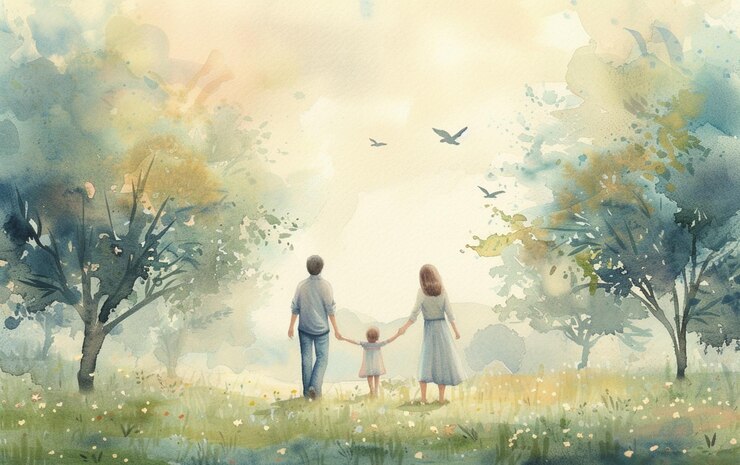 pintura de una pareja tomándose de la mano en un campo con árboles generativo ai