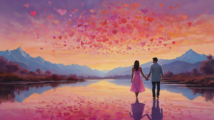 una pintura de una pareja tomándose de la mano y una puesta de sol en el fondo ilustración de una pareja romántica