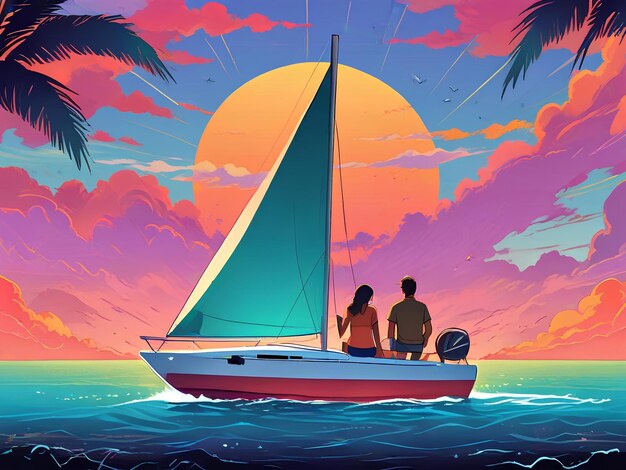 Foto una pintura de una pareja en un velero con palmeras en el fondo