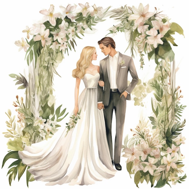 Una pintura de una pareja en un vestido de novia