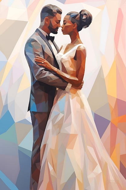 Una pintura de una pareja en un vestido de novia