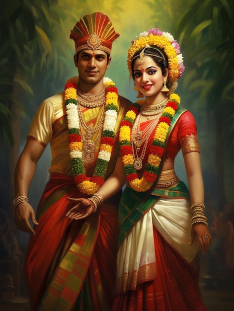 una pintura de una pareja en vestido tradicional