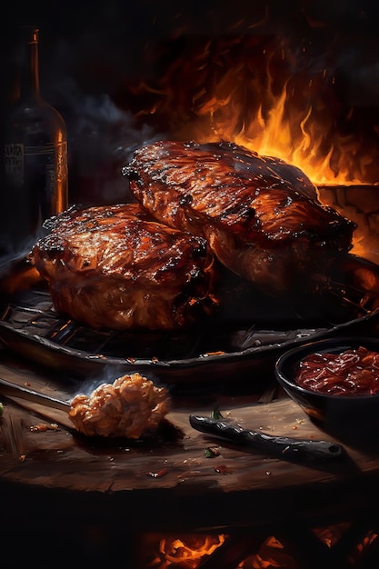 Una pintura de una parrilla con un trozo de carne encima.