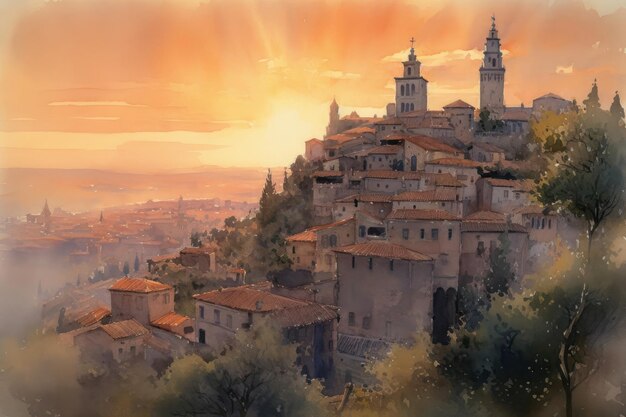 Pintura a partir de una acuarela de Alcázar de Toledo al atardecer