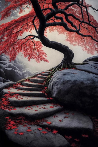 Pintura de pasos que conducen a un árbol rojo generativo ai.