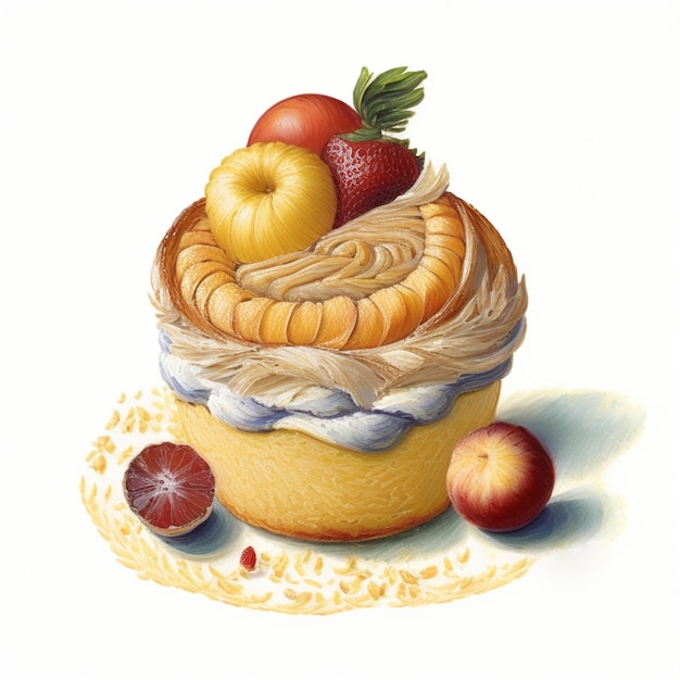 Una pintura de un pastel con fruta en él