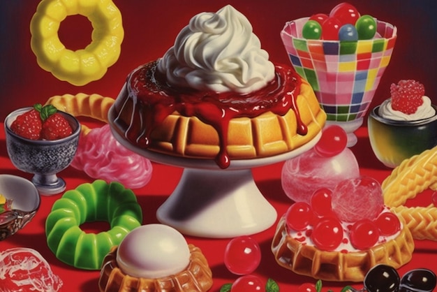 Pintura de un pastel con muchos tipos de postres generativos ai.