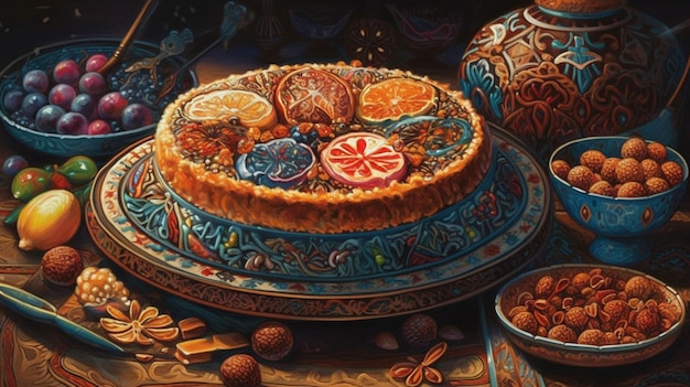 Una pintura de un pastel con un patrón azul y naranja.