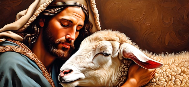 Foto pintura del pastor jesucristo cuidando de una oveja se puede usar como fondo o papel tapiz