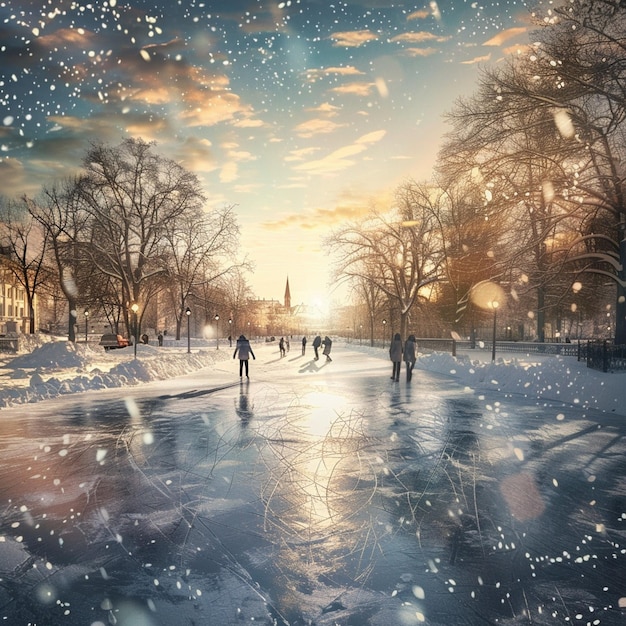 Pintura de patinaje sobre hielo de invierno Escena de la calle nevada