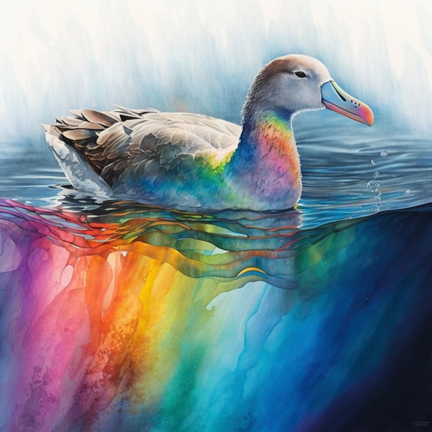 Una pintura de un pato con un arcoíris en la parte inferior.