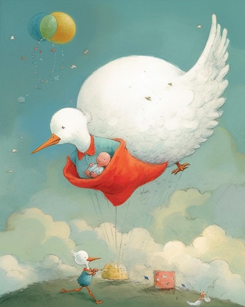 Una pintura de un pato y un bebé en un globo