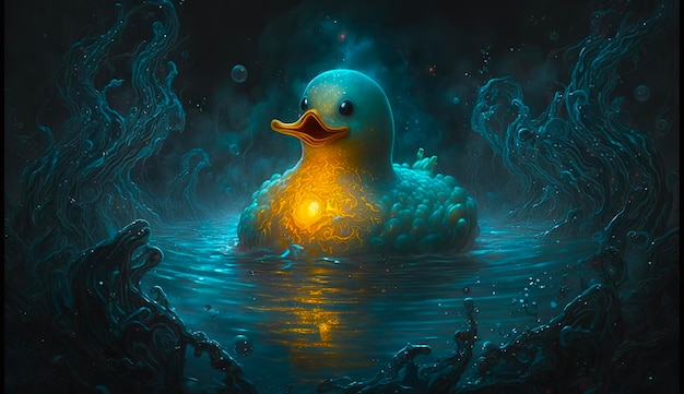 Una pintura de un pato con una luz.