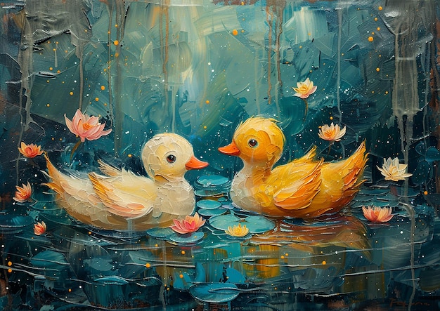 una pintura de patos en el agua con flores y lirios acuáticos