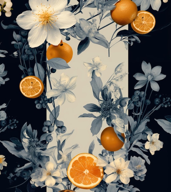 Pintura de patrón con fondo de flores en blanco y negro y rodajas de limón naranja