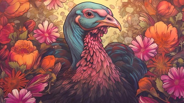 Una pintura de un pavo en flores.