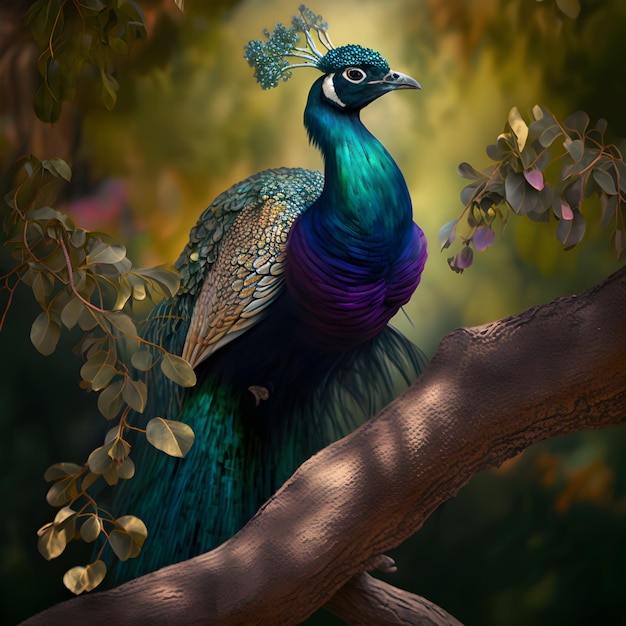 Una pintura de un pavo real con cabeza azul y plumas verdes.