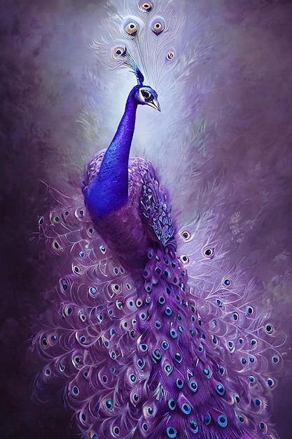 Una pintura de un pavo real con una cola morada.