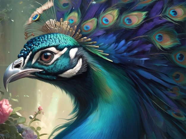 una pintura de un pavo real con una corona en él