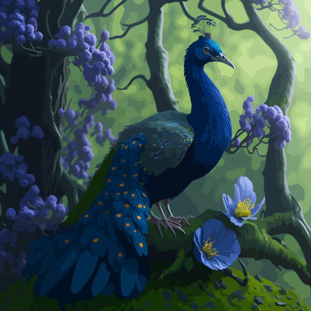 Una pintura de un pavo real con flores azules en el fondo.