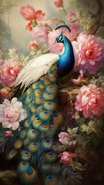 pintura de un pavo real con flores y un pájaro en el fondo generativo ai