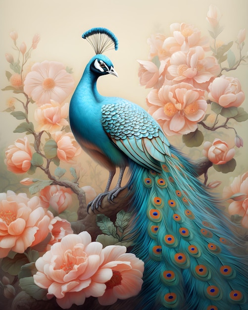 Una pintura de un pavo real con flores.