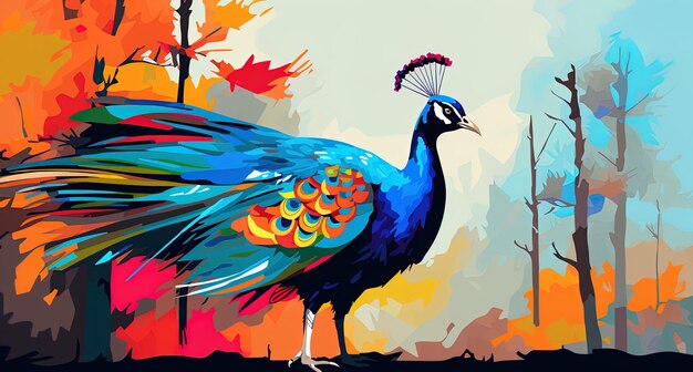 Foto una pintura de un pavo real con un fondo colorido