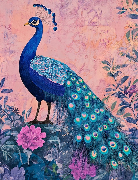 una pintura de un pavo real con un pájaro en él