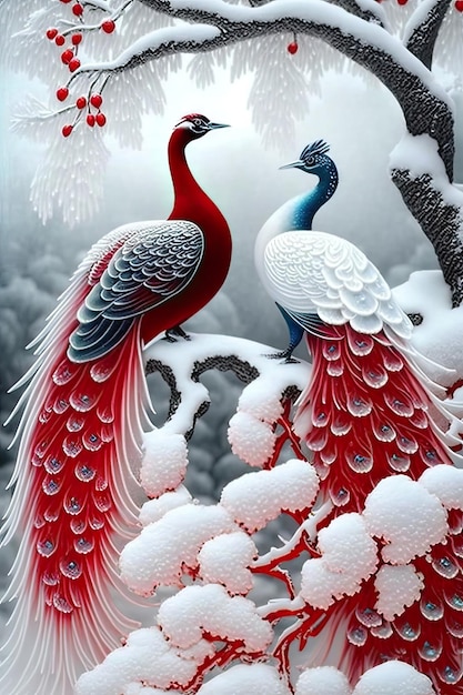Una pintura de un pavo real y un par de pájaros.